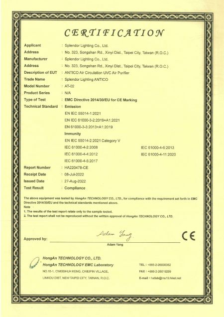 Certificação CE Splendor Lighting ANTICO UVC Purificador de ar ULPA